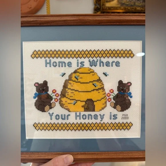 Vintage Cottage Core Honey, Teddy Bear Wooden Framed Cross Stitch - Picture 2 of 3